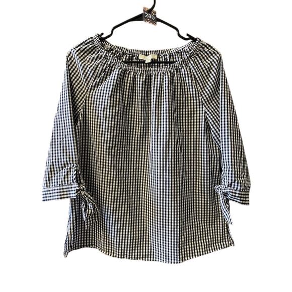 Women's Smocked Neck Como Blu Gingham Blouse Black Long Sleeve Size M - Picture 1 of 11